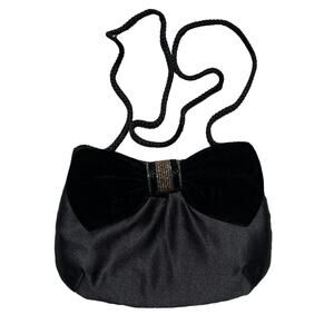 Vintage Avon Evening Bag Velvet and Beaded Bow with Braided Strap Black Formal